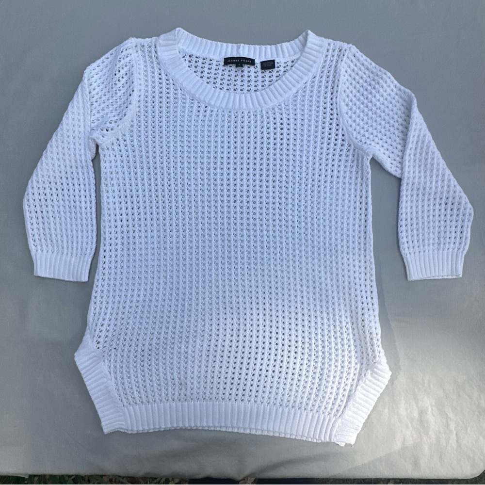 Jeanne Pierre Sweater Small White 100% Cotton Waffle Knit 3/4 Sleeve Pullover